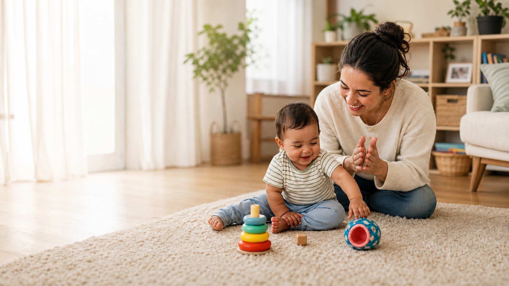A mother and toddler playing with a ball and simple toys at home.
